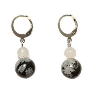 VM Náušnice guličky Obsidián vločka 10mm + Mesačný kameň synt. 6mm